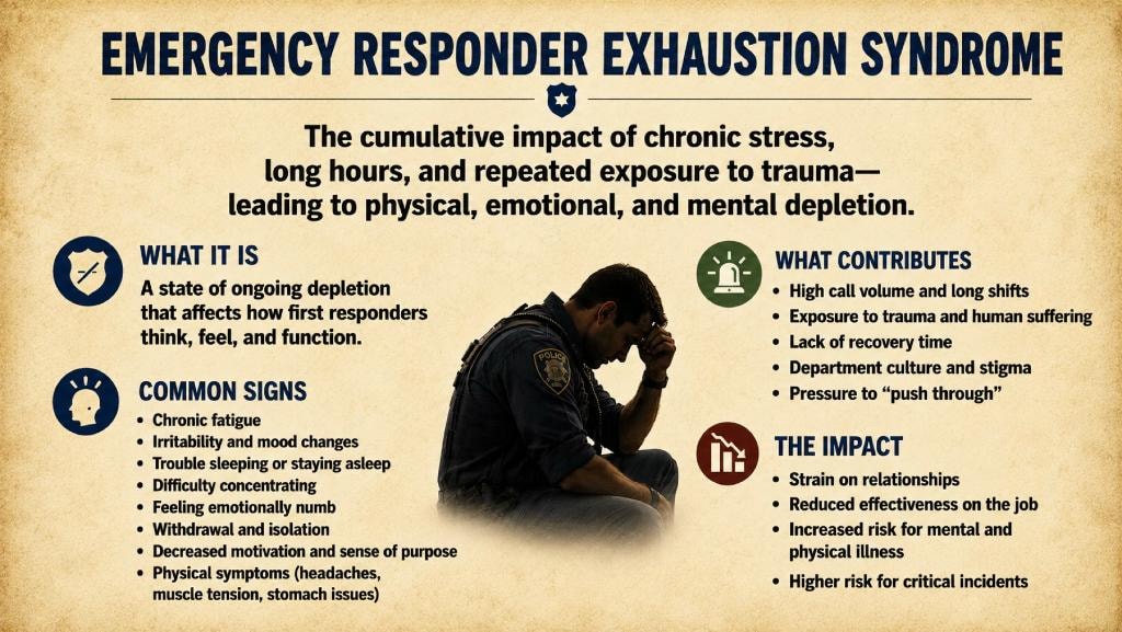Emergency Responder Exhaustion Syndrome infographic — definition, common signs, contributing factors, and impact