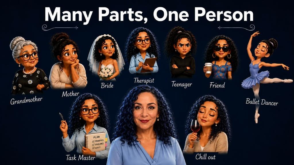 Many Parts, One Person — an illustration showing one person in multiple roles: grandmother, mother, bride, therapist, teenager, friend, ballet dancer, task master, and chill out